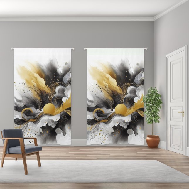 Dramatic  Abstract Gold Black White  Blackout Curtains (Wide)