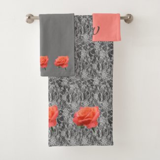 Dramatic and Feminine, Coral Pink Rose and Lace Bath Towel Set