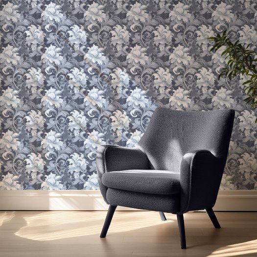 Dramatic Baroque Floral Steel Blue ID1050