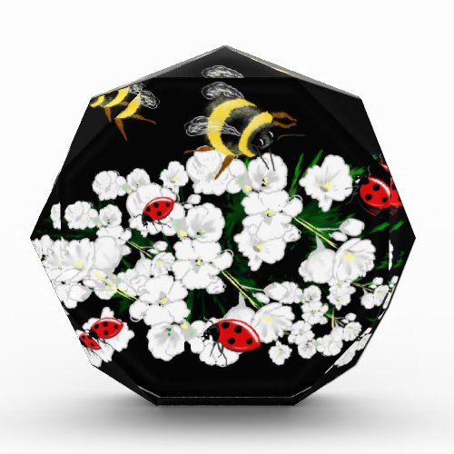 Dramatic Bees ladybugs and white flowers on black Acrylic Award