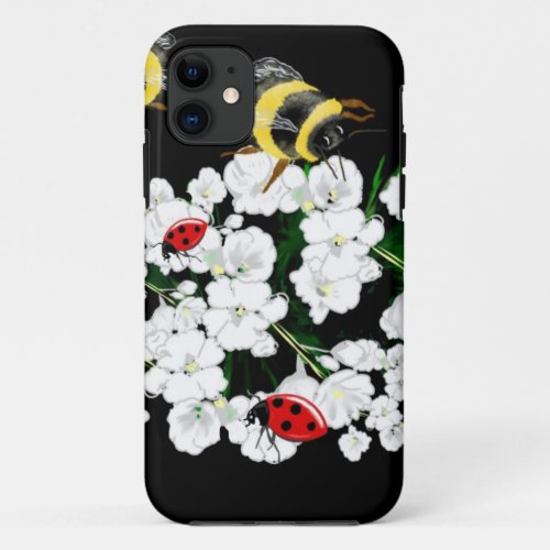 Dramatic Bees ladybugs and white flowers on black iPhone 11 Case