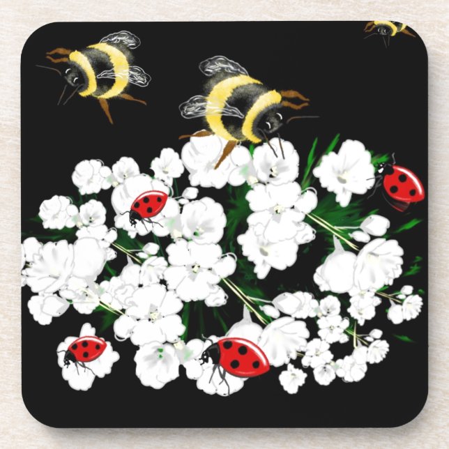 Dramatic Bees ladybugs and white flowers on black Coaster (Front)