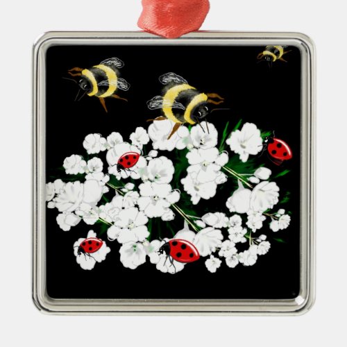 Dramatic Bees ladybugs and white flowers on black Metal Ornament