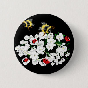Dramatic Bees ladybugs and white flowers on black Pinback Button