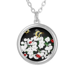 Dramatic Bees ladybugs and white flowers on black Silver Plated Necklace