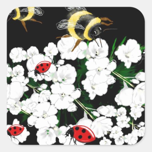Dramatic Bees ladybugs and white flowers on black Square Sticker