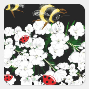 Dramatic Bees ladybugs and white flowers on black Square Sticker
