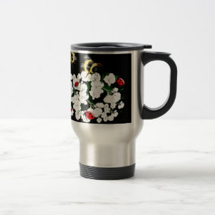 Dramatic Bees ladybugs and white flowers on black Travel Mug