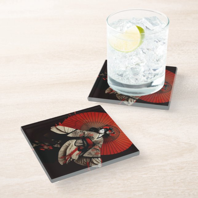 Dramatic Black and Red Kabuki Theater   Glass Coaster (Angled)