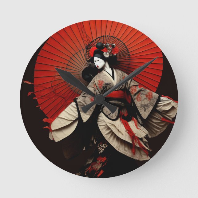 Dramatic Black and Red Kabuki Theater Round Clock (Front)