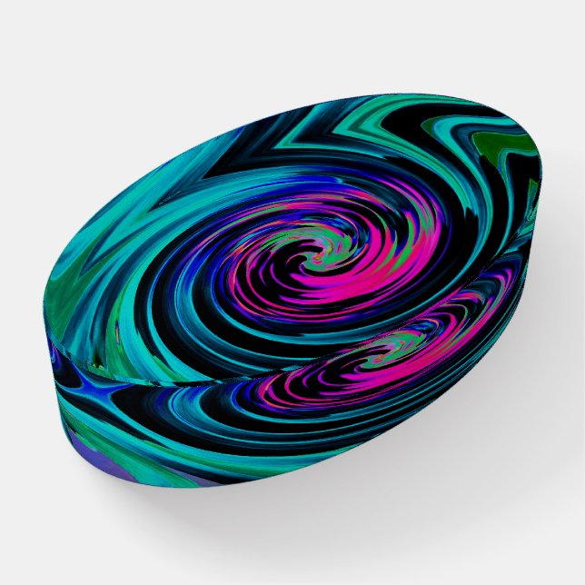Dramatic Black and Turquoise Abstract Retro Twirl Paperweight (Angled)