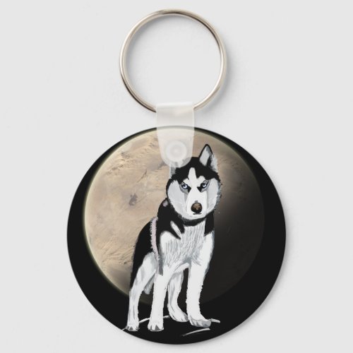 Dramatic Black and White Husky against Full Moon Keychain