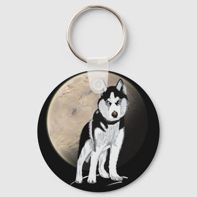 Dramatic Black and White Husky against Full Moon Keychain (Front)