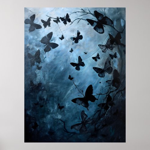 Dramatic Black Butterflies Blue Sky Abstact Art Poster