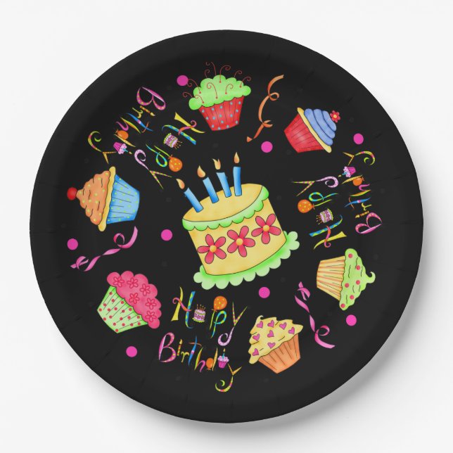 Dramatic Black Cupcakes and Cake Happy Birthday Paper Plates (Front)