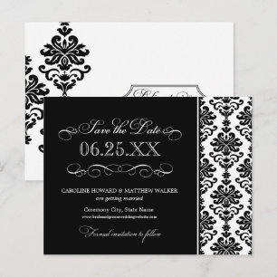 Dramatic Black Damask Scrollwork Wedding Announcement Postcard