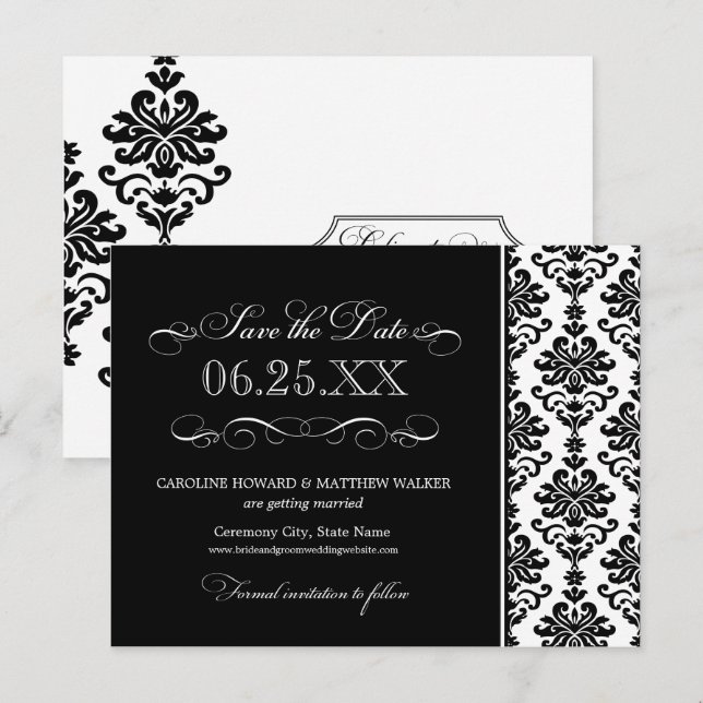 Dramatic Black Damask Scrollwork Wedding Announcement Postcard (Front/Back)