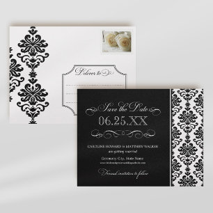 Dramatic Black Damask Scrollwork Wedding Announcement Postcard