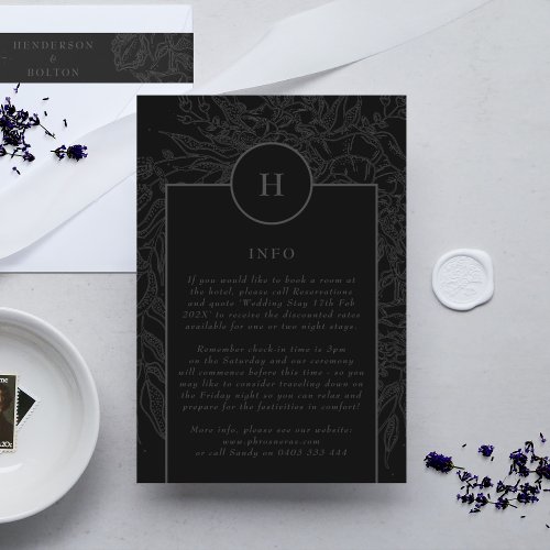 Dramatic Black Elegant Monogram Floral Wreath Enclosure Card