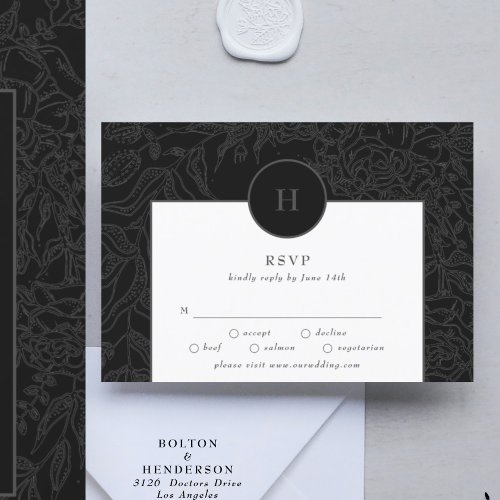 Dramatic Black Elegant Monogram Floral Wreath RSVP Card