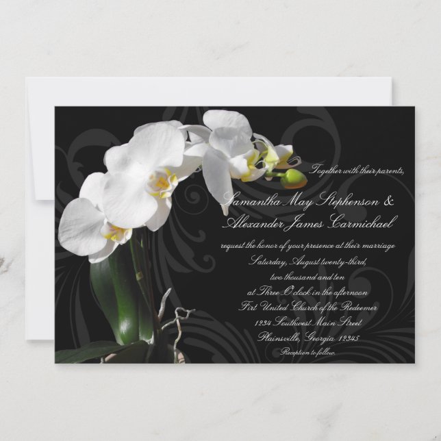 Dramatic Black Floral Orchid Wedding Invitation (Front)
