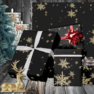 Dramatic Black & Gold Snowflakes On Black Wrapping Paper