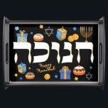 Dramatic Black Hebrew Hanukkah Menorah & Donuts Serving Tray<br><div class="desc">Bright colorful Hanukkah elements on a Dramatic black background with a shiny black frame will deLIGHT the recipient. Brighten up someone's Holiday. with this bold design. It is the perfect way to set a festive Hanukkah/Chanukah Party table. A great place for those donuts! Whimsical colorful Chanukah elements — including Jelly...</div>
