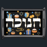 Dramatic Black Hebrew Hanukkah Menorah & Donuts Serving Tray<br><div class="desc">Bright colorful Hanukkah elements on a Dramatic black background with a shiny black frame will deLIGHT the recipient. Brighten up someone's Holiday. with this bold design. It is the perfect way to set a festive Hanukkah/Chanukah Party table. A great place for those donuts! Whimsical colorful Chanukah elements — including Jelly...</div>