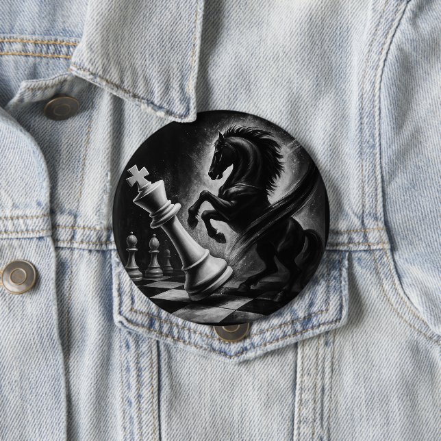 Dramatic Black Horse vs. King – Bold Chess Artwork Button (In Situ)