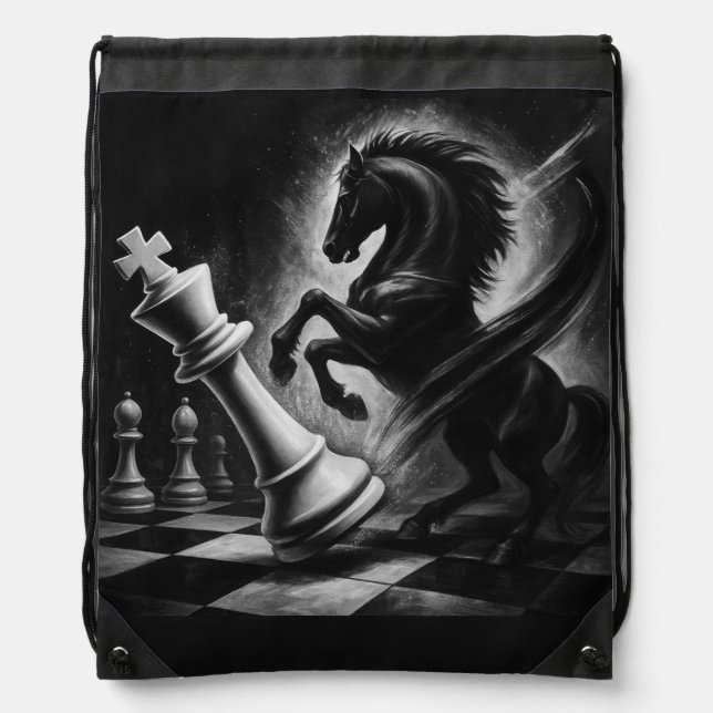 Dramatic Black Horse vs. King – Bold Chess Artwork Drawstring Bag (Front)