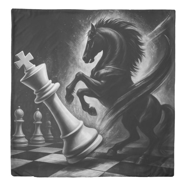 Dramatic Black Horse vs. King – Bold Chess Artwork Duvet Cover (Front)