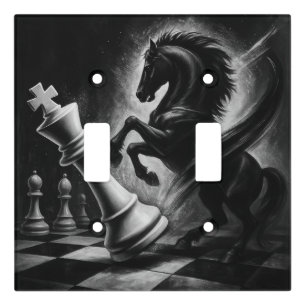Dramatic Black Horse vs. King – Bold Chess Artwork Light Switch Cover