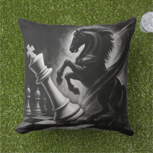 Dramatic Black Horse vs. King – Bold Chess Artwork Outdoor Pillow