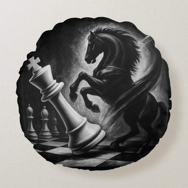 Dramatic Black Horse vs. King – Bold Chess Artwork Round Pillow (Front)