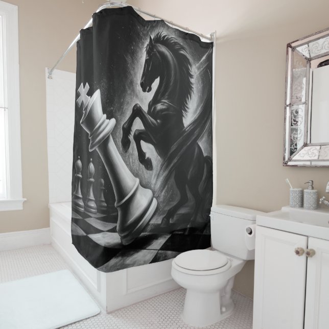 Dramatic Black Horse vs. King – Bold Chess Artwork Shower Curtain (In Situ)