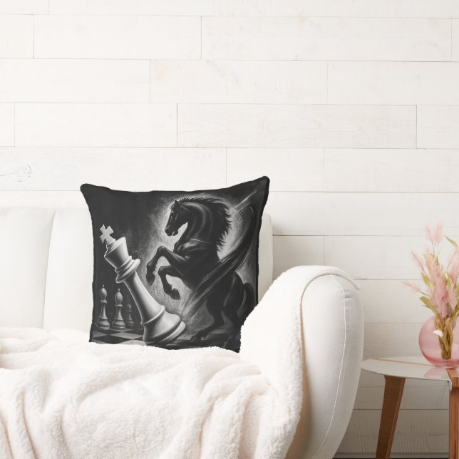Dramatic Black Horse vs. King – Bold Chess Artwork Throw Pillow (Couch)