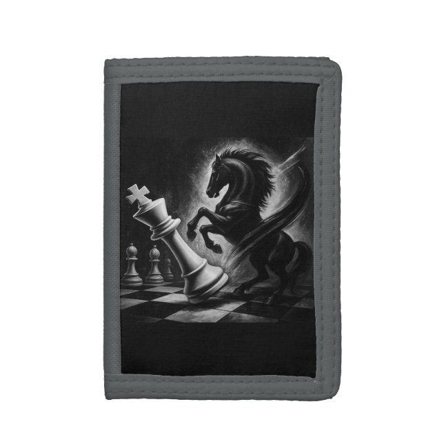 Dramatic Black Horse vs. King – Bold Chess Artwork Tri-fold Wallet (Front Vertical)