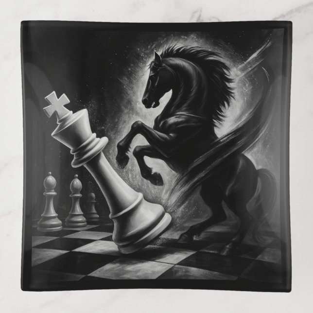 Dramatic Black Horse vs. King – Bold Chess Artwork Trinket Tray (Front)