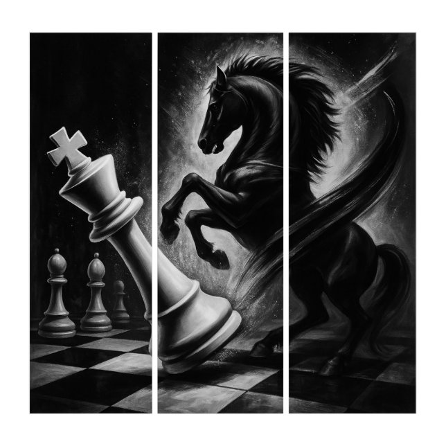 Dramatic Black Horse vs. King – Bold Chess Artwork Triptych (Front)