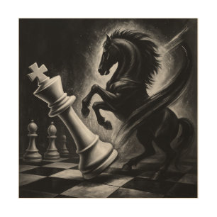 Dramatic Black Horse vs. King – Bold Chess Artwork Wood Wall Art