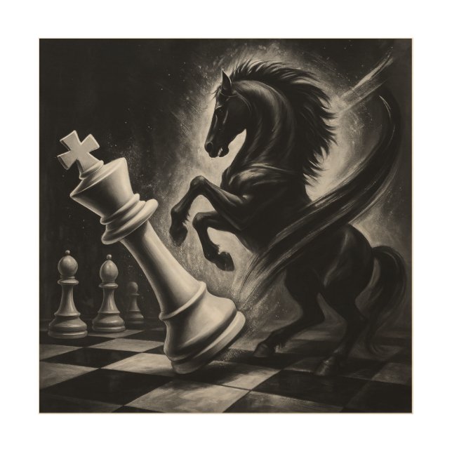 Dramatic Black Horse vs. King – Bold Chess Artwork Wood Wall Art (Front)