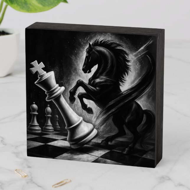 Dramatic Black Horse vs. King – Bold Chess Artwork Wooden Box Sign (In Situ Horizontal)