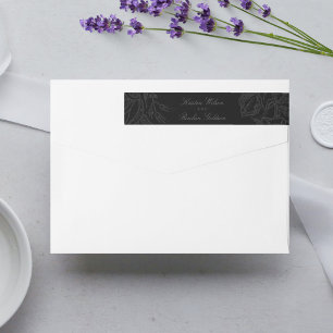 Dramatic Black on Black Floral Wreath Wedding Wrap Around Label