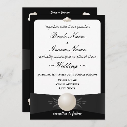 Dramatic Black Ribbon Pearl Photo Wedding Invitation