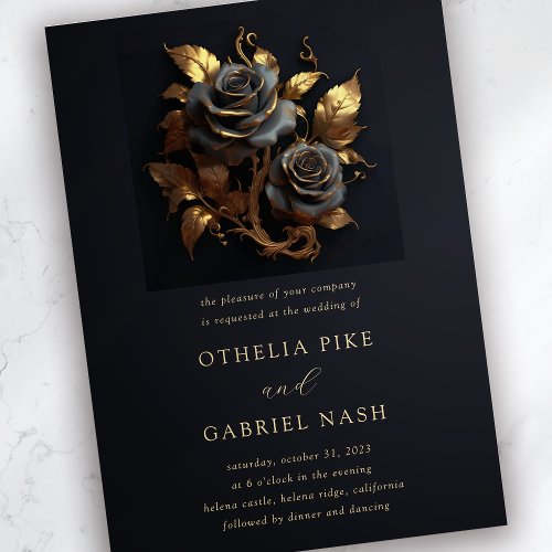 Dramatic Black Roses Gold Foil Gothic Wedding Invitation