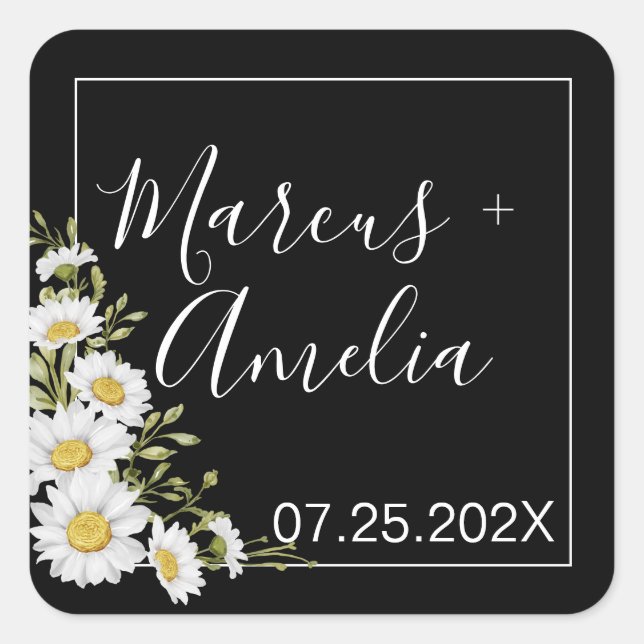 Dramatic Black & White Daisies Wedding  Square Sticker (Front)