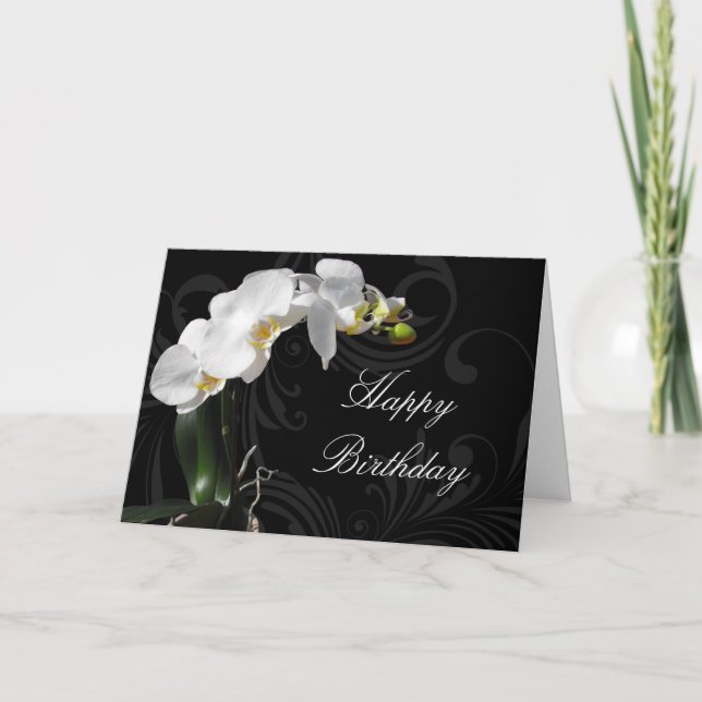Dramatic Black/White Orchid Custom Birthday Card (Front)