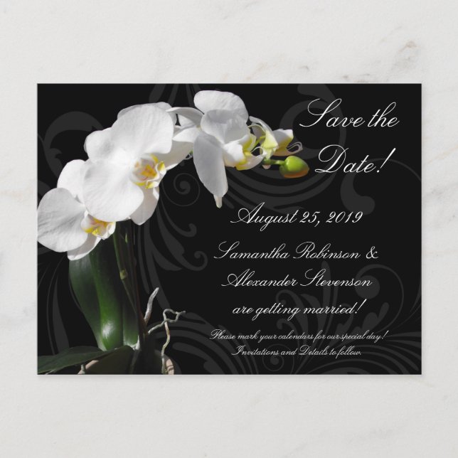Dramatic Black White Orchid Flower Save the Date Announcement Postcard (Front)