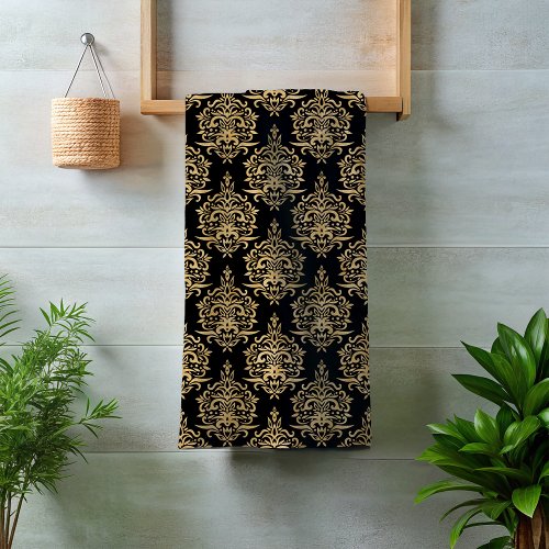 Dramatic Black with Gold Damask Ornate Bath Towel Set