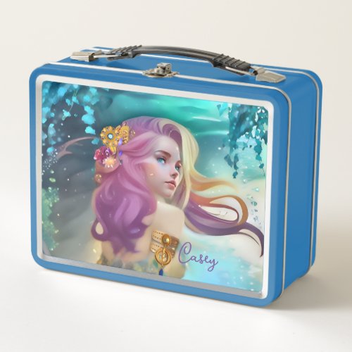 Dramatic Blue and Pink Watercolor Mermaid Metal Lunch Box